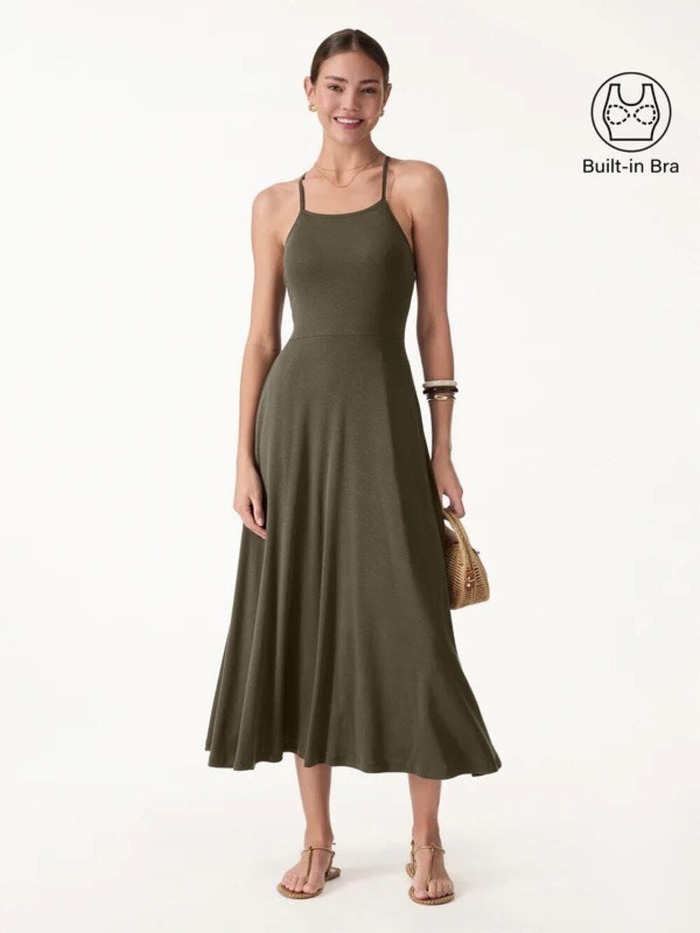 OGL Olive Green Tencel-Linen Soft Knit Spaghetti Strap Midi Bra Dress S 2 4 NWT